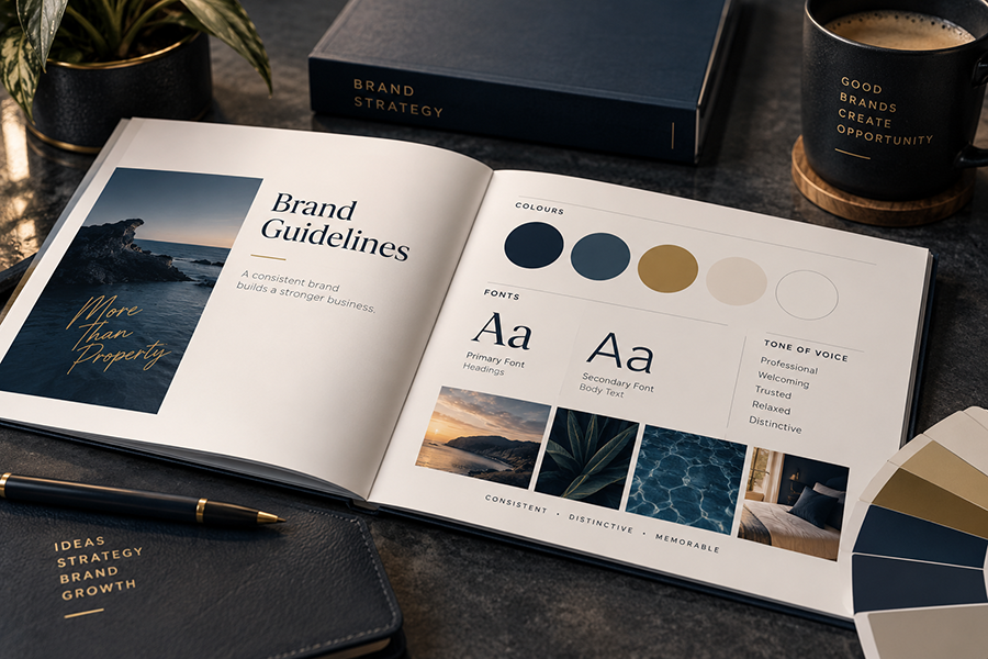 Brand guidelines document with logo and colour palette