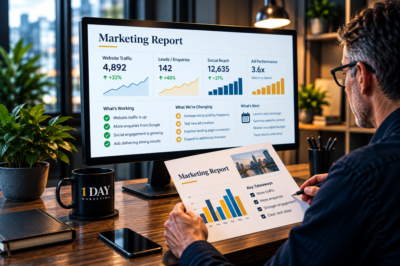 Plain-English monthly marketing report